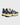 The Re-Run Americana | La Marque Mercer. Baskets bleu et crème, semelle jaune, détails jaunes, style rétro-running.