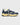 Baskets The Re-Run Americana The Mercer Brand, maille gris clair et daim bleu marine, semelle jaune crème, lacets blancs.