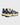 Baskets The Re-Run Americana The Mercer Brand, bleu marine et beige, avec mesh et daim, semelles jaunes.